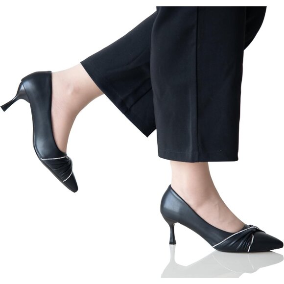 Women's Black Dress Shoes With Rhinestone Strap Stiletto Pointed Toe High Heels - Picture 5 of 6